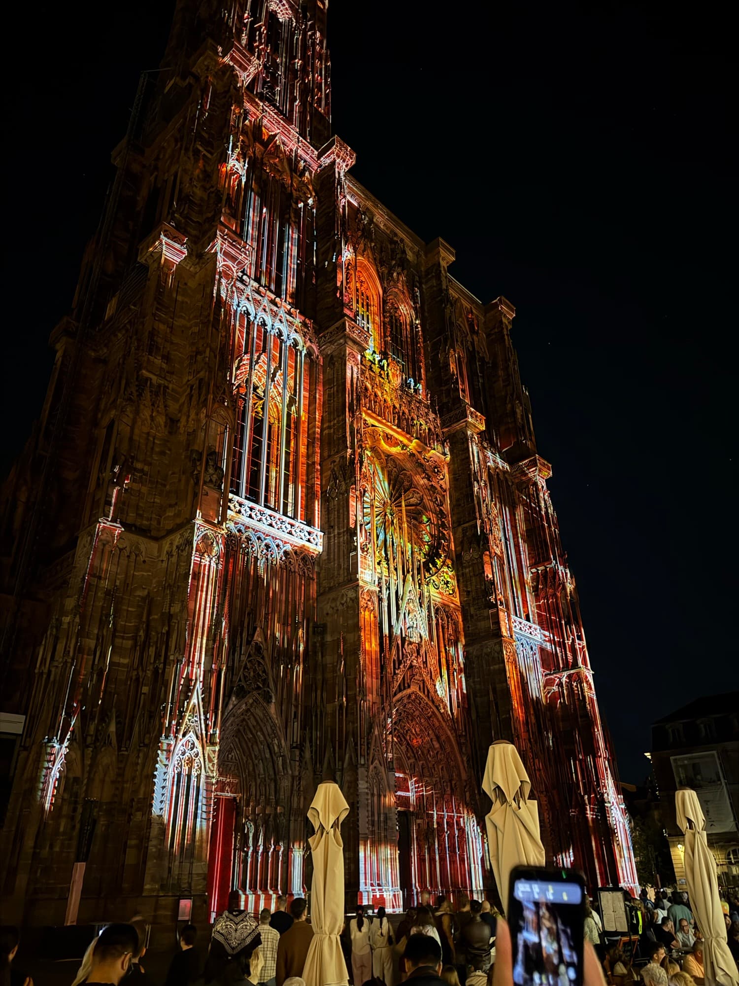 La cathédrale de Strasbourg illuminée de nuit, pendant la semaine de l’Euro de cécifoot